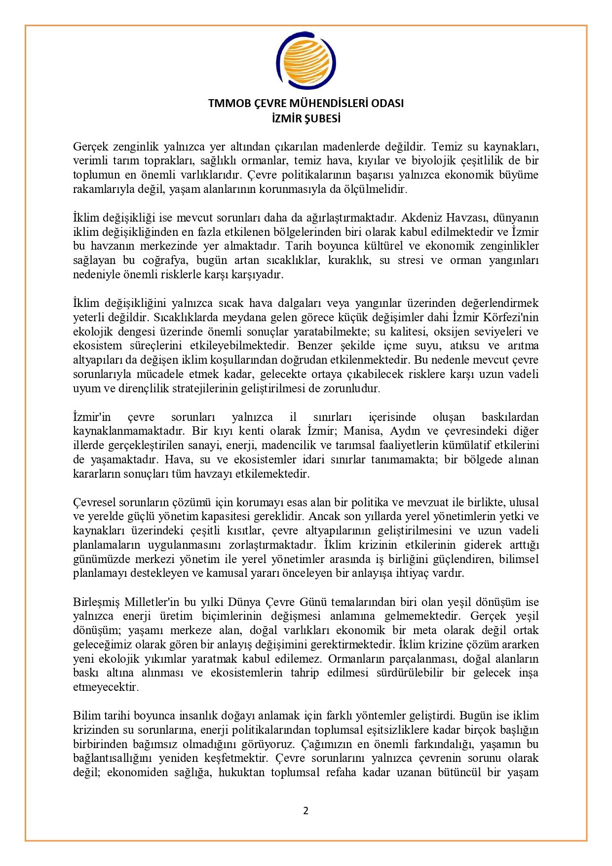 31 MAYIS – 5 HAZİRAN EKOLOJİK YIKIMLA MÜCADELE HAFTASI VE DÜNYA ÇEVRE GÜNÜ BASIN AÇIKLAMASI