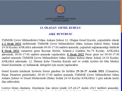 TMMOB ÇEVRE MÜHENDİSLERİ ODASI ANKARA ŞUBESİ
12. OLAĞAN GENEL KURULU
ASKI DUYURUSU